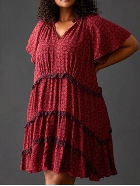 Anthropologie 2X Robin Tiered Red & Navy Print Flutter Sleeve Ruffled Mini Dress